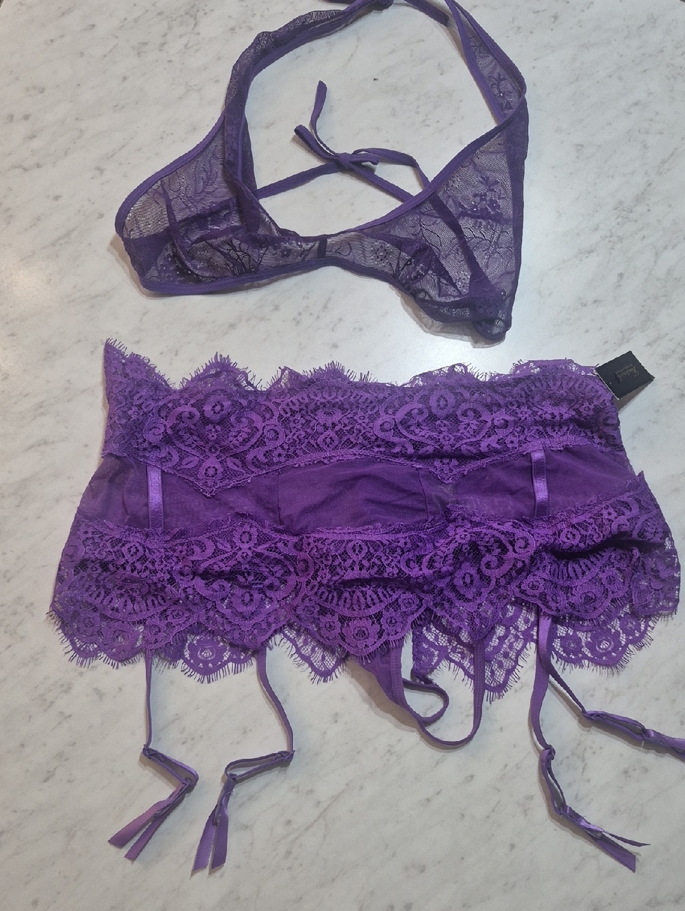 Shirley of Hollywood Purple Lace Bralette with Matching Garter Belt